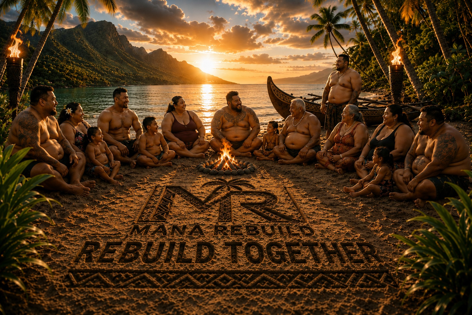 Mana Rebuild — family and community gathered at sunset